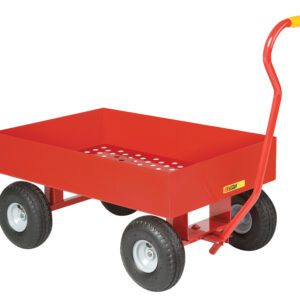 A red steel Little Giant Wagon Truck with four wheels, perforated base, and long handle with a yellow grip stands at an angle. Its sturdy frame and black rubber tires are reminiscent of classic utility carts.