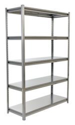 The Vestil Stainless Steel Shelving 18 X 48 In unit includes five adjustable shelves in a sleek silver design, ideal for organizing garages, offices, or storerooms with its sturdy and functional layout that meets various storage needs.