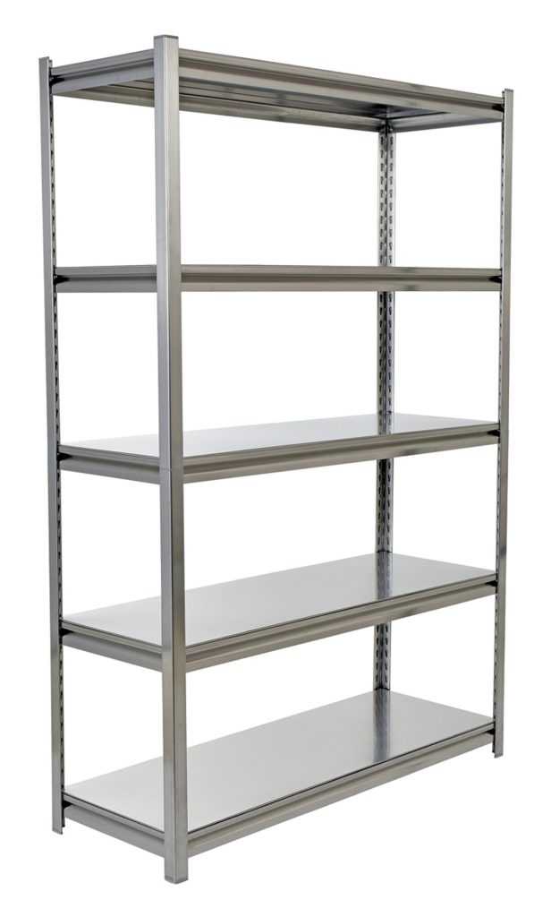 LWSS-1848_A.jpg The Vestil Stainless Steel Shelving 18 X 48 In unit includes five adjustable shelves in a sleek silver design, ideal for organizing garages, offices, or storerooms with its sturdy and functional layout that meets various storage needs.