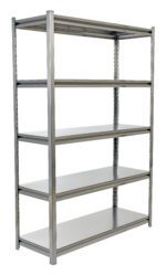 The Vestil Stainless Steel Shelving 24 x 48 inches features five adjustable tiers, a sturdy, rectangular frame, and an industrial design. Its empty shelves are evenly spaced for effective storage and organization, making it ideal for any space.