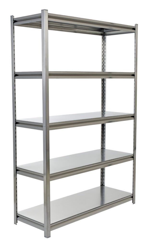 LWSS-2448_A.jpg The Vestil Stainless Steel Shelving 24 x 48 inches features five adjustable tiers, a sturdy, rectangular frame, and an industrial design. Its empty shelves are evenly spaced for effective storage and organization, making it ideal for any space.