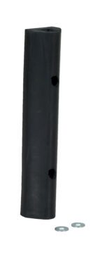 A black rubber grip with two holes, similar to a Vestil Extruded Rubber Fender Bumper 12X2X1.75, seems designed for handlebars or similar items. Two small metallic washers are nearby on a white background.