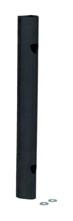 A tall, black, cylindrical post with cutouts and a smooth surface resembles the sleek design of a Vestil Extruded Rubber Fender Bumper 18X2X1.75. Two small round washers rest on the bottom right against a white background.