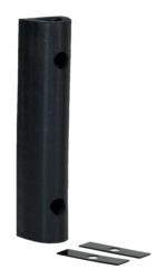 The Vestil Extruded Rubber Fender Bumper 18X4.25X4 is a black cylindrical rubber bumper with two vertically aligned circular holes, accompanied by two flat rectangular metal mounting plates with central holes, all set on a crisp white background.