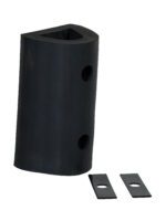 The Vestil Extruded Rubber Fender Bumper 12 X 6 X 6 is tall and triangular with two circular holes, displayed alongside two smaller black rectangular plates on a pristine white background.