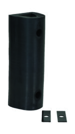 A black Vestil Extruded Rubber Fender Bumper (18x6x6) featuring two holes stands upright, while two flat metal plates with central circular holes lie beside it on a white background.