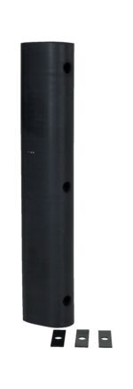 A tall black post with four vertical holes resembles the sturdy design of a Vestil extruded bumper. Nearby, three black brackets with a central hole mirror the dimensions of the Vestil Fender Bumper 36 X 6 X 6, all set against a white background.