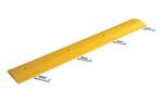 A long, yellow Vestil Poly Wall Guard/Surface Bumper 72 In is shown with a curved, slightly textured surface and indentations for six evenly spaced metal bolts needed for installation.
