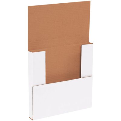 M10101.jpg A white, partially open cardboard folder with a brown interior, similar to MH-USA Easy-Fold Mailers. It has a flat rectangular shape with side wings and an unfolded top flap. The bottom half folds inward to create a pocket for documents.