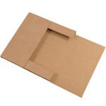 The 10 1/4 x 10 1/4 x 1 Kraft Easy-Fold Mailers (50/Bundle) feature two rectangular flaps that open to a central pocket, perfect for securely mailing thin items with durable, light brown cardboard and visible grooves for added protection.