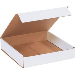 A partially open MH-USA 10 x 10 x 2 white corrugated mailer, featuring its distinctive brown interior, is shown against a plain backdrop.