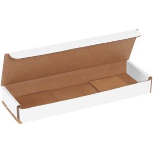 The MH-USA 10 x 3 x 1 White Corrugated Mailers, available in bundles of 50, feature an open lid revealing a brown interior. These empty boxes are ideal for storing or shipping items like documents or posters, combining simplicity with functionality.