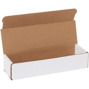 The open rectangular MH-USA 10 x 3 x 2 white corrugated mailers have a sleek white exterior and brown interior, featuring a flat open lid design. They are available in bundles of 50.
