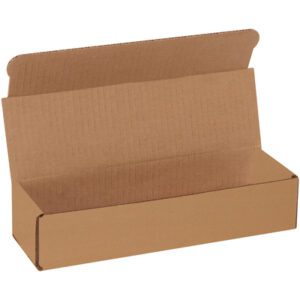 A Kraft corrugated mailer, 10 x 3 x 2, with an open lid reveals its classic rectangular design. Seen on a white background, this brown cardboard box comes in bundles of 50.