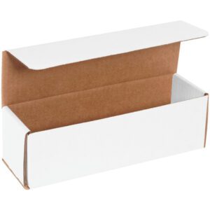 A rectangular MH-USA 10 x 3 x 3 white corrugated mailer is shown against a plain white background. The interior is brown with the top flap open. This bundle includes 50 mailers, ideal for shipping needs.