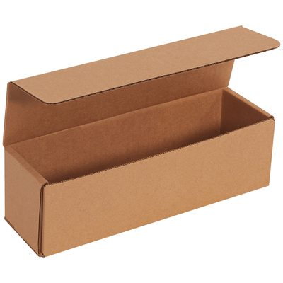 M1033K.jpg A long, rectangular brown cardboard box with an open lid shows its empty interior. The 10 x 3 x 3 Kraft Corrugated Mailers (50/Bundle) are perfect for packaging or storage and meet all your shipping needs.