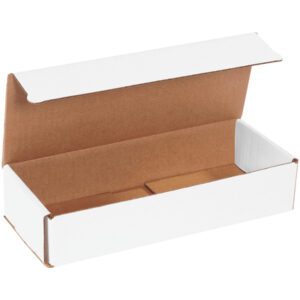 The MH-USA 10 x 4 x 2 White Corrugated Mailers, sold in bundles of 50, boast a white exterior, brown interior, and folding flaps. These rectangular boxes are perfect for packaging or shipping.