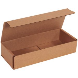 The 10 x 4 x 2 Kraft Corrugated Mailers feature a textured, brown cardboard design with a hinged lid and folded side flaps for secure closure. They are sold in bundles of 50, perfect for your packaging needs. The open box reveals its empty interior.