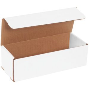 The MH-USA 10 x 4 x 3 white corrugated mailer, sized perfectly for versatile packaging, sits open on the surface. Its brown interior showcases its practical design, and these mailers are available in convenient bundles of 50.