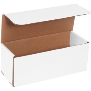 An open corrugated cardboard box from MH-USA 10 x 4 x 4 White Corrugated Mailers (50/Bundle) reveals a brown interior. The plain rectangular box is set against a white background.