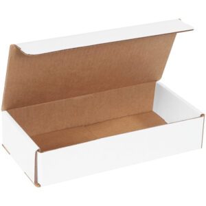An open MH-USA 10 x 5 x 2 white corrugated mailer with a brown interior and partially open lid shows its spacious inside. Available in bundles of 50.
