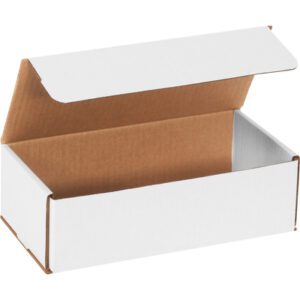 A partially open MH-USA 10 x 5 x 3 white corrugated mailer, showing its spacious brown interior, rests on a white surface. Its part of a convenient bundle of 50 mailers.
