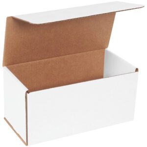 An MH-USA 10 x 5 x 5 White Corrugated Mailer, white with a brown interior, is partially open on a plain white background. The lid is lifted to show the empty space inside. These mailers, ideal for your packaging needs, are sold in bundles of 50.