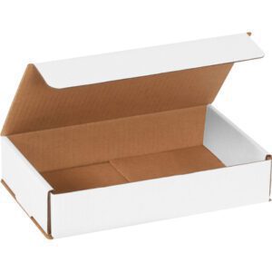 The MH-USA 10 x 6 x 2 White Corrugated Mailers, bundled in sets of 50, showcase a durable brown interior with a partially open foldable lid, making them ideal for shipping or storage.