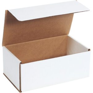 An open MH-USA 10 x 6 x 4 white corrugated mailer (sold in bundles of 50) with a brown interior is displayed against a plain white background, showcasing its simple and functional design. The partially raised lid highlights the empty rectangular boxs practical use.