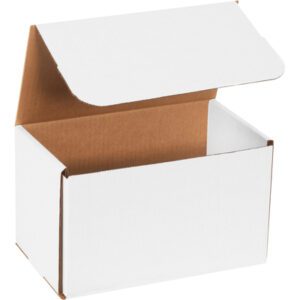 An MH-USA 10 x 6 x 5 white corrugated mailer from a bundle of 50 is shown open, with its brown interior visible. The lid is partly raised and angled upward, showcasing the typical simple design and structure of these mailers.