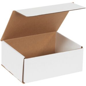 An MH-USA 10 x 7 x 3 white corrugated mailer with a brown interior is partially open at an angle, revealing its empty inside against a plain white background. Its simplicity and sturdiness make it perfect for shipping needs.