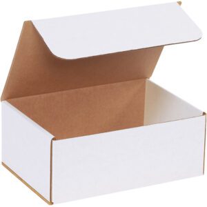 An open MH-USA 10 x 7 x 4 white corrugated mailer, showing its brown interior and a partially ajar lid, sits against a plain backdrop. This simple yet sturdy box is available in bundles of 50.