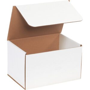 The MH-USA 10 x 7 x 6 White Corrugated Mailers (50/Bundle) features a partially open lid, showcasing its brown interior. Against a white background, these empty boxes emphasize sturdy construction and versatile design for various mailing requirements.