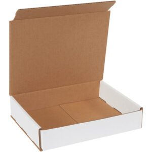 The MH-USA 10 x 8 x 2 White Corrugated Mailers (50/Bundle) feature a white exterior and brown interior, with an open box against a plain backdrop, showcasing its spacious interior for packaging.