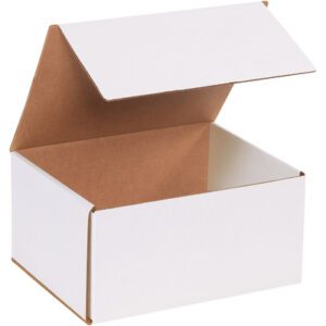 The MH-USA 10 x 8 x 5 White Corrugated Mailer, featuring a brown interior and partially lifted lid, is notably showcased on a neutral backdrop. Its rectangular form and sleek design highlight its practicality, with availability in bundles of 50.