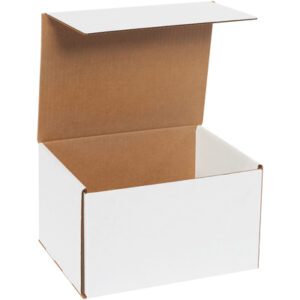 The MH-USA 10 x 8 x 6 white corrugated mailers feature a large white cardboard box with an open lid revealing a brown interior. This plain yet sturdy design is ideal for shipping or storage and comes in bundles of 50.
