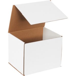 A partly open white cardboard box labeled MH-USA 10 x 8 x 8 White Corrugated Mailers (50/Bundle) reveals a brown interior. It looks empty and is placed against a plain white background.