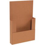 A brown cardboard literature holder, with a perfect fit for 11 3/4 x 10 1/2 x 2 1/4 Kraft Easy-Fold Mailers, includes an upright back and spacious pocket for documents. Its sturdy construction is ideal for organizing or displaying papers efficiently.