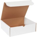 An MH-USA 11 3/4 x 10 3/4 x 4 white literature mailer, featuring a brown interior and partially open lid, is ideal for shipping documents. The empty box is displayed against a plain white background.