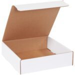 Partially opened MH-USA 11 1/2 x 11 1/2 x 3 3/4 white literature mailer with lid reveals a plain brown interior, its simple design highlighted against a plain background.