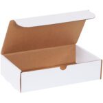 The MH-USA 11 x 6.5 x 2.75 white literature mailer, sold in bundles of 50, has a brown interior, an angled view with a partially raised lid, and offers ample space for packaging or storage.