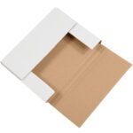 The MH-USA Easy-Fold Mailers, measuring 11 1/8 x 8 5/8 x 1 in white, come flat with a brown interior and are unfolded to reveal flaps and creases for easy assembly.