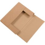 A brown 11 1/8 x 8 5/8 x 1 Kraft Easy-Fold Mailer from a bundle of fifty lies flat on a white background, with flaps and creases visible, ready for assembly.