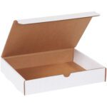 The bundle of 50 MH-USA 11 1/8 x 8 3/4 x 2 White Literature Mailers arrives in an open cardboard box with a partially raised lid, displaying its brown interior on a plain white background—ideal for shipping or storage needs.