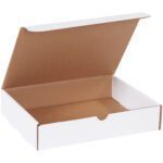 The open white cardboard box, showcasing a brown interior and simple tab closure, perfectly represents the MH-USA 11 1/8 x 8 3/4 x 2 5/16 White Literature Mailers (50/Bundle) against a plain backdrop.