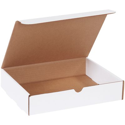 M1182D.jpg The open white cardboard box, showcasing a brown interior and simple tab closure, perfectly represents the MH-USA 11 1/8 x 8 3/4 x 2 5/16 White Literature Mailers (50/Bundle) against a plain backdrop.