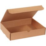 An open, empty brown cardboard pizza box with the lid raised resembles the 11 1/8 x 8 3/4 x 2 5/16 Kraft Literature Mailer. Its plain design showcases its corrugated structure against a simple white background.