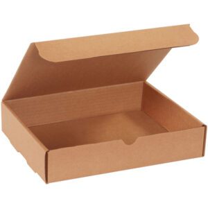 An open, empty brown cardboard pizza box with the lid raised resembles the 11 1/8 x 8 3/4 x 2 5/16 Kraft Literature Mailer. Its plain design showcases its corrugated structure against a simple white background.