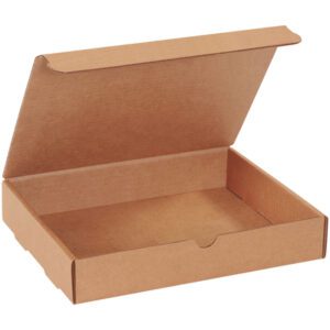 The 11 1/8 x 8 3/4 x 2 Kraft Literature Mailer is a light brown, sturdy box with a foldable lid, perfect for shipping or storage. Its open design reveals a spacious interior. Sold in bundles of 50 for all your packaging needs.