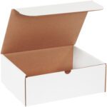 An MH-USA 11 1/8 x 8 3/4 x 4 white literature mailer is shown open on a white background, featuring a brown interior and partially open lid. Its simple rectangular design is perfect for neatly packing literature or small items.
